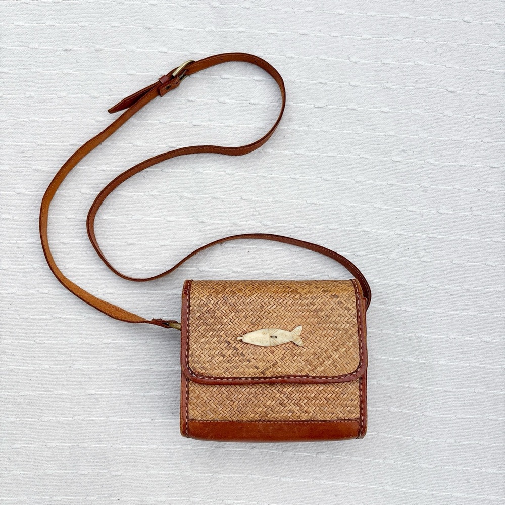 Vintage April Cornell Trading Co leather and rattan crossbody